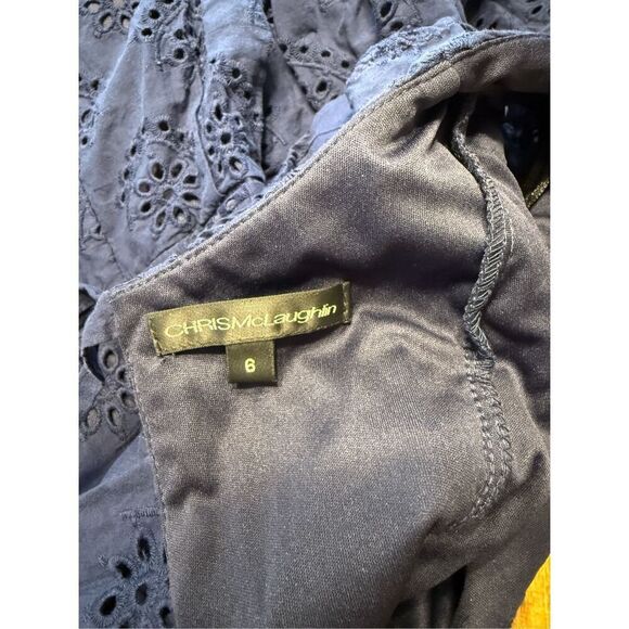 Chris McLaughlin Women's Flutter Sleeve Eyelet Ruffle Front Navy Blue Dress 6 - Picture 4 of 7